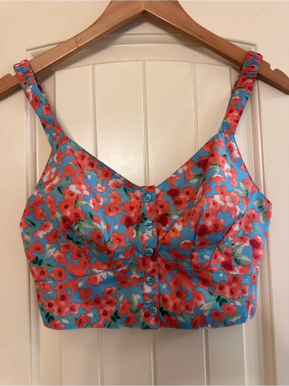 Floral Button-Front Blue & Coral Crop Top